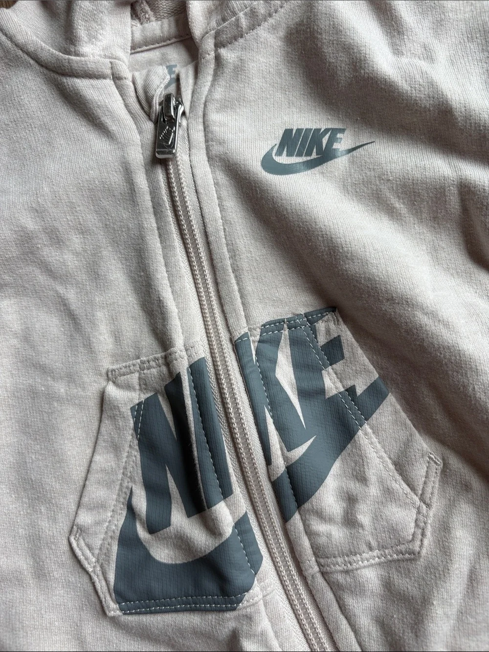 Nike Hooded Baby One-Piece in Light Beige with Teal Logo
